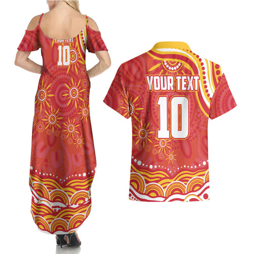 Personalized Gold Coast Suns Mascot Couples Matching Summer Maxi Dress and Hawaiian Shirt Aboriginal Dot Art - Dreamtime Football Mascot