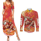Personalized Gold Coast Suns Mascot Couples Matching Summer Maxi Dress and Long Sleeve Button Shirt Aboriginal Dot Art - Dreamtime Football Mascot