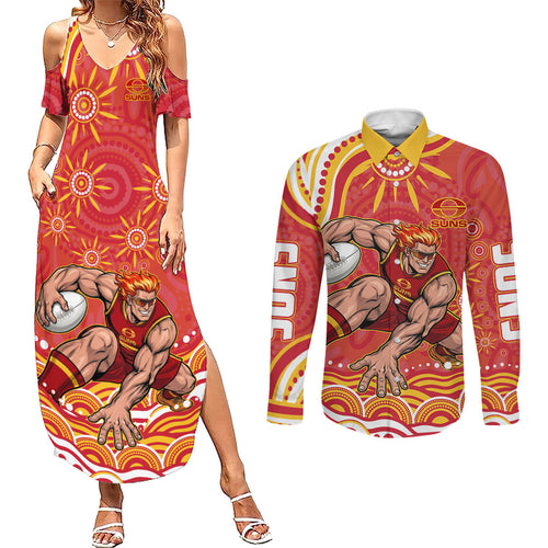 Personalized Gold Coast Suns Mascot Couples Matching Summer Maxi Dress and Long Sleeve Button Shirt Aboriginal Dot Art - Dreamtime Football Mascot