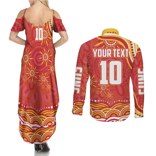 Personalized Gold Coast Suns Mascot Couples Matching Summer Maxi Dress and Long Sleeve Button Shirt Aboriginal Dot Art - Dreamtime Football Mascot