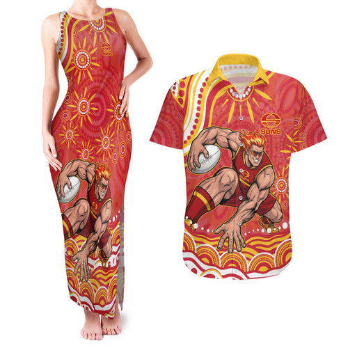Personalized Gold Coast Suns Mascot Couples Matching Tank Maxi Dress and Hawaiian Shirt Aboriginal Dot Art - Dreamtime Football Mascot