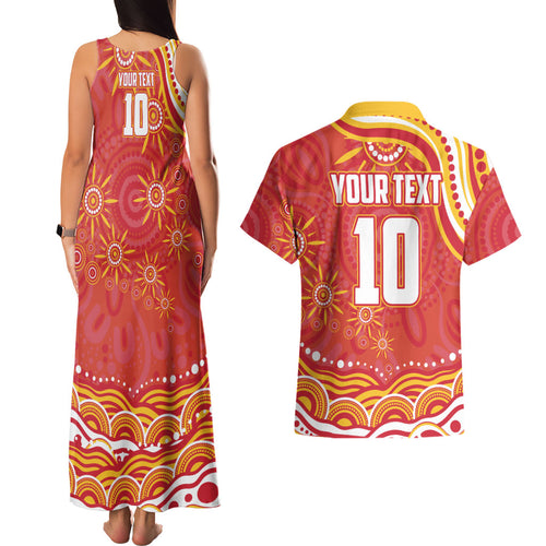 Personalized Gold Coast Suns Mascot Couples Matching Tank Maxi Dress and Hawaiian Shirt Aboriginal Dot Art - Dreamtime Football Mascot