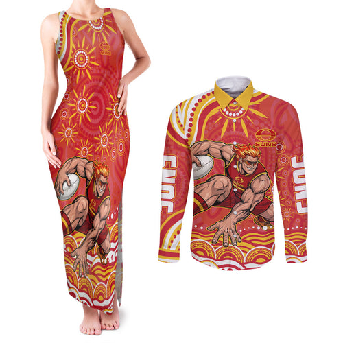 Personalized Gold Coast Suns Mascot Couples Matching Tank Maxi Dress and Long Sleeve Button Shirt Aboriginal Dot Art - Dreamtime Football Mascot