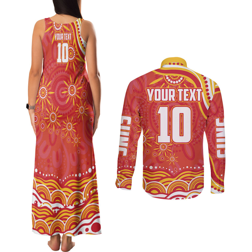 Personalized Gold Coast Suns Mascot Couples Matching Tank Maxi Dress and Long Sleeve Button Shirt Aboriginal Dot Art - Dreamtime Football Mascot
