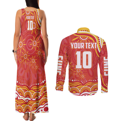 Personalized Gold Coast Suns Mascot Couples Matching Tank Maxi Dress and Long Sleeve Button Shirt Aboriginal Dot Art - Dreamtime Football Mascot