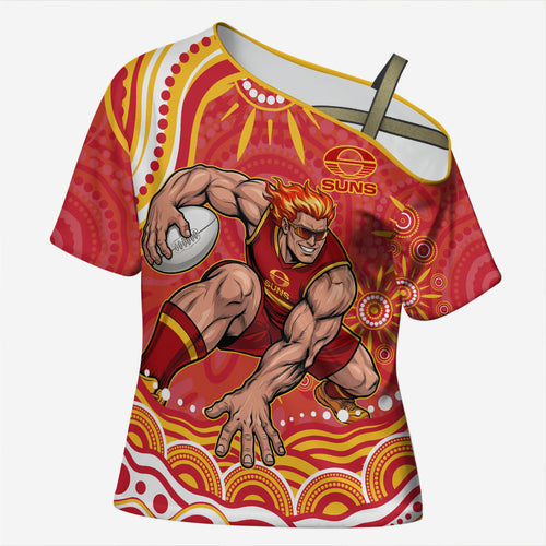 Personalized Gold Coast Suns Mascot Cross Shoulder Shirt Aboriginal Dot Art - Dreamtime Football Mascot