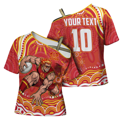 Personalized Gold Coast Suns Mascot Cross Shoulder Shirt Aboriginal Dot Art - Dreamtime Football Mascot