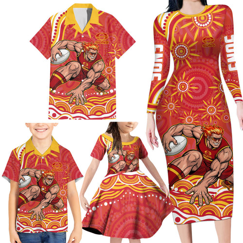 Personalized Gold Coast Suns Mascot Family Matching Long Sleeve Bodycon Dress and Hawaiian Shirt Aboriginal Dot Art - Dreamtime Football Mascot