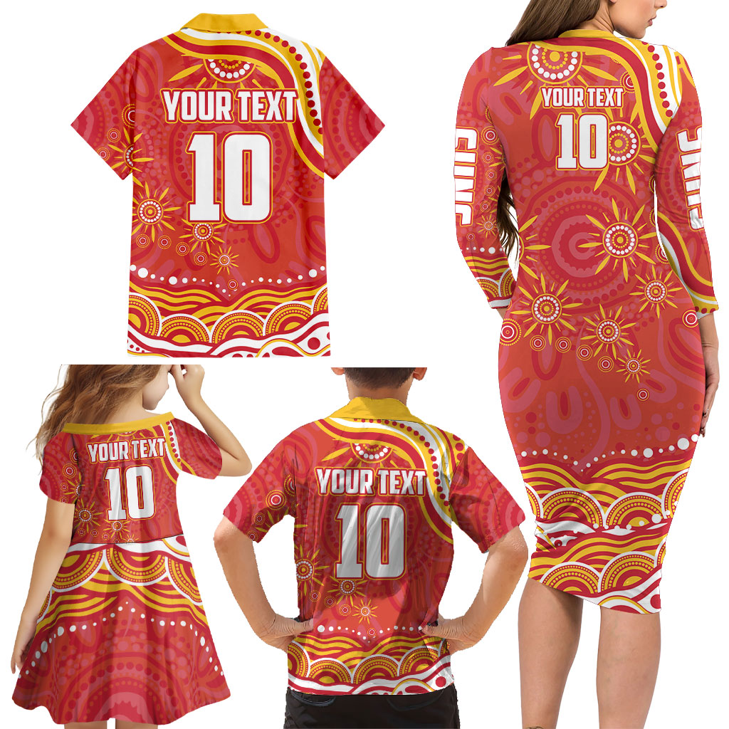 Personalized Gold Coast Suns Mascot Family Matching Long Sleeve Bodycon Dress and Hawaiian Shirt Aboriginal Dot Art - Dreamtime Football Mascot