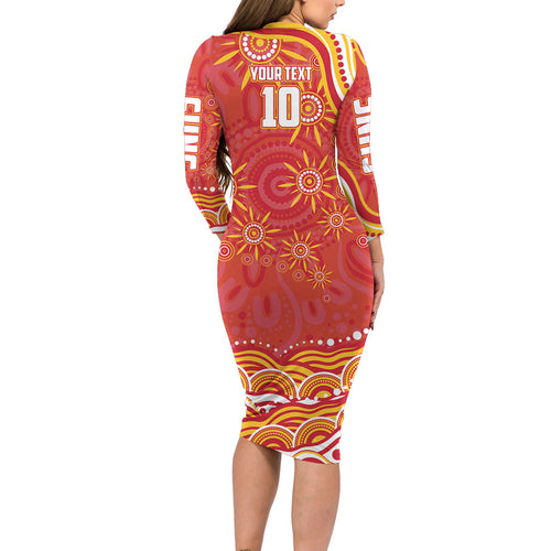 Personalized Gold Coast Suns Mascot Family Matching Long Sleeve Bodycon Dress and Hawaiian Shirt Aboriginal Dot Art - Dreamtime Football Mascot