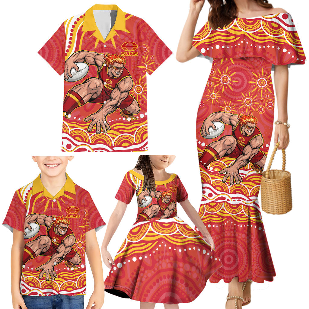 Personalized Gold Coast Suns Mascot Family Matching Mermaid Dress and Hawaiian Shirt Aboriginal Dot Art - Dreamtime Football Mascot