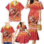 Personalized Gold Coast Suns Mascot Family Matching Mermaid Dress and Hawaiian Shirt Aboriginal Dot Art - Dreamtime Football Mascot