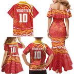 Personalized Gold Coast Suns Mascot Family Matching Mermaid Dress and Hawaiian Shirt Aboriginal Dot Art - Dreamtime Football Mascot