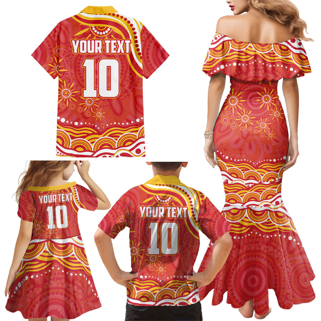 Personalized Gold Coast Suns Mascot Family Matching Mermaid Dress and Hawaiian Shirt Aboriginal Dot Art - Dreamtime Football Mascot