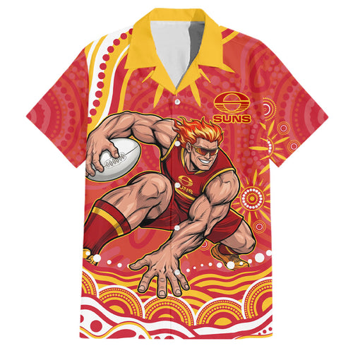 Personalized Gold Coast Suns Mascot Family Matching Mermaid Dress and Hawaiian Shirt Aboriginal Dot Art - Dreamtime Football Mascot