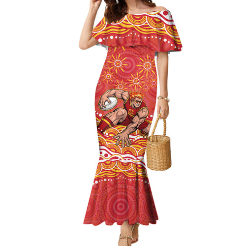Personalized Gold Coast Suns Mascot Family Matching Mermaid Dress and Hawaiian Shirt Aboriginal Dot Art - Dreamtime Football Mascot