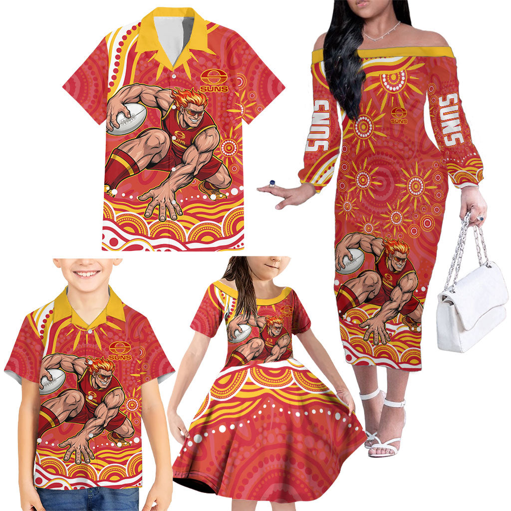Personalized Gold Coast Suns Mascot Family Matching Off The Shoulder Long Sleeve Dress and Hawaiian Shirt Aboriginal Dot Art - Dreamtime Football Mascot