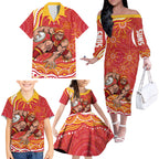Personalized Gold Coast Suns Mascot Family Matching Off The Shoulder Long Sleeve Dress and Hawaiian Shirt Aboriginal Dot Art - Dreamtime Football Mascot