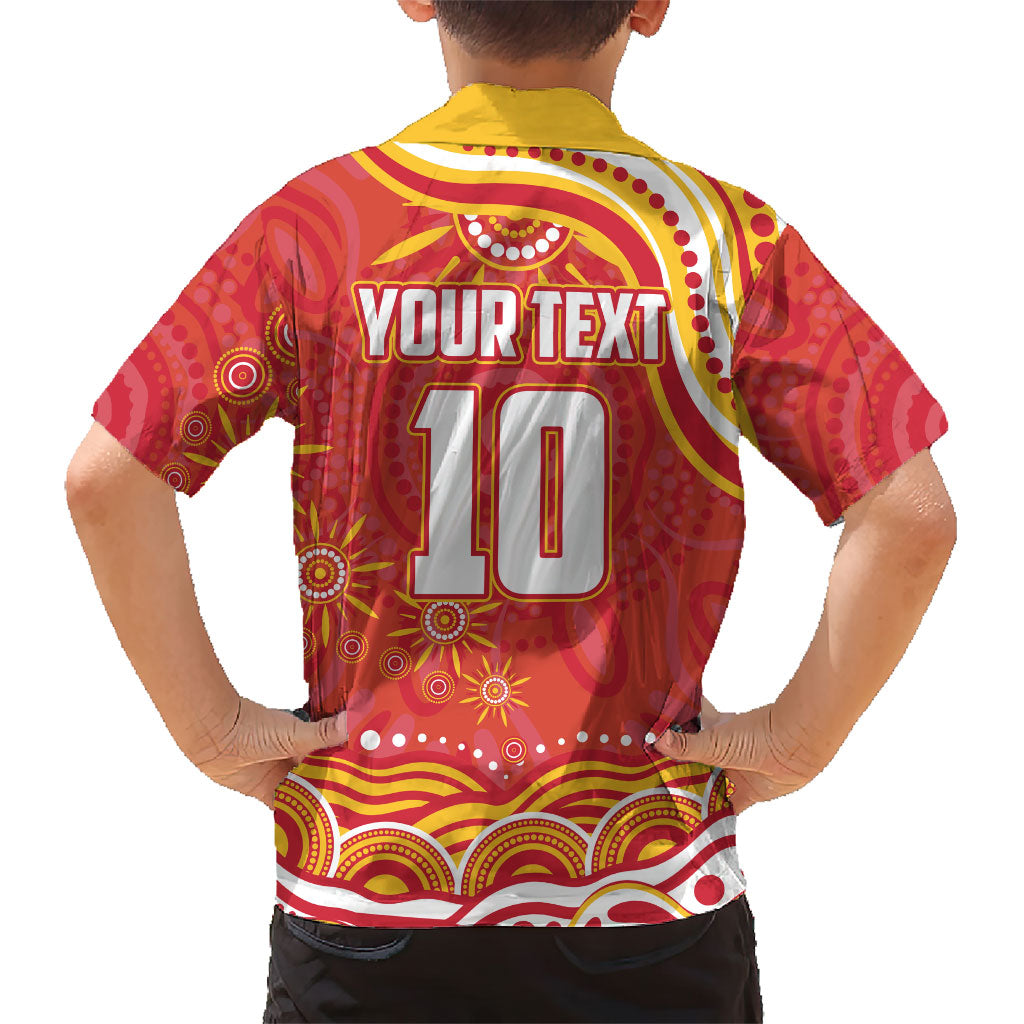 Personalized Gold Coast Suns Mascot Family Matching Off The Shoulder Long Sleeve Dress and Hawaiian Shirt Aboriginal Dot Art - Dreamtime Football Mascot