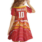 Personalized Gold Coast Suns Mascot Family Matching Off The Shoulder Long Sleeve Dress and Hawaiian Shirt Aboriginal Dot Art - Dreamtime Football Mascot