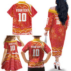 Personalized Gold Coast Suns Mascot Family Matching Off The Shoulder Long Sleeve Dress and Hawaiian Shirt Aboriginal Dot Art - Dreamtime Football Mascot