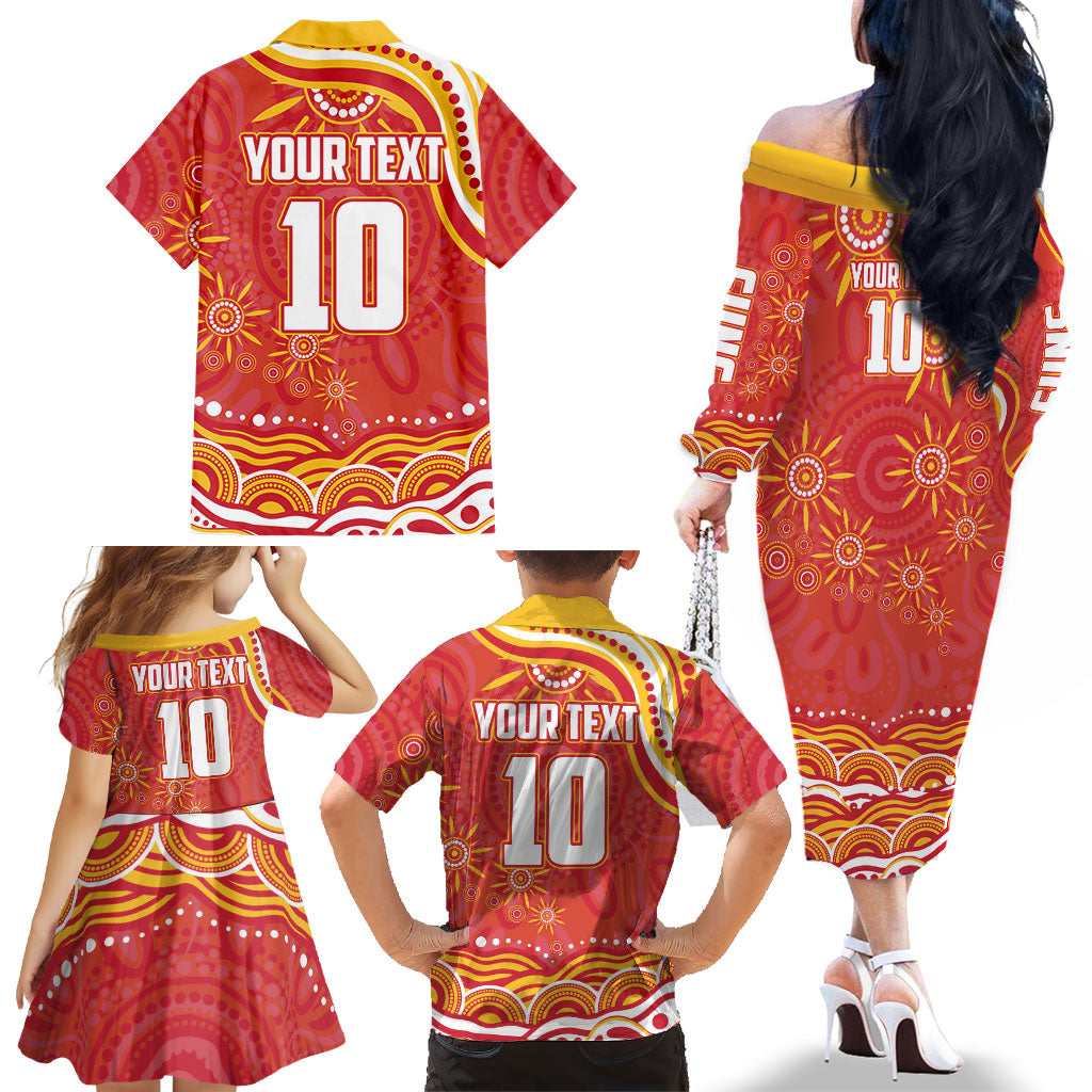 Personalized Gold Coast Suns Mascot Family Matching Off The Shoulder Long Sleeve Dress and Hawaiian Shirt Aboriginal Dot Art - Dreamtime Football Mascot