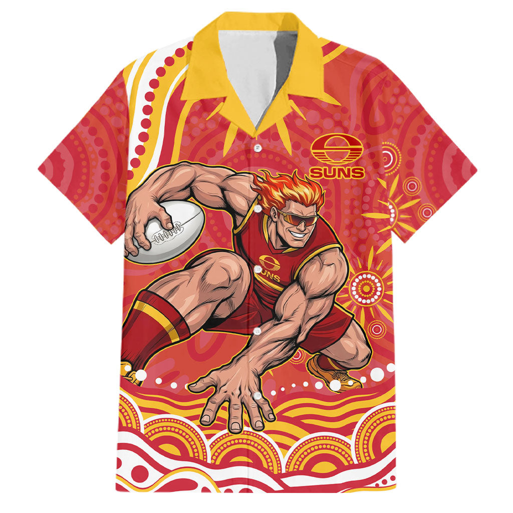 Personalized Gold Coast Suns Mascot Family Matching Off The Shoulder Long Sleeve Dress and Hawaiian Shirt Aboriginal Dot Art - Dreamtime Football Mascot