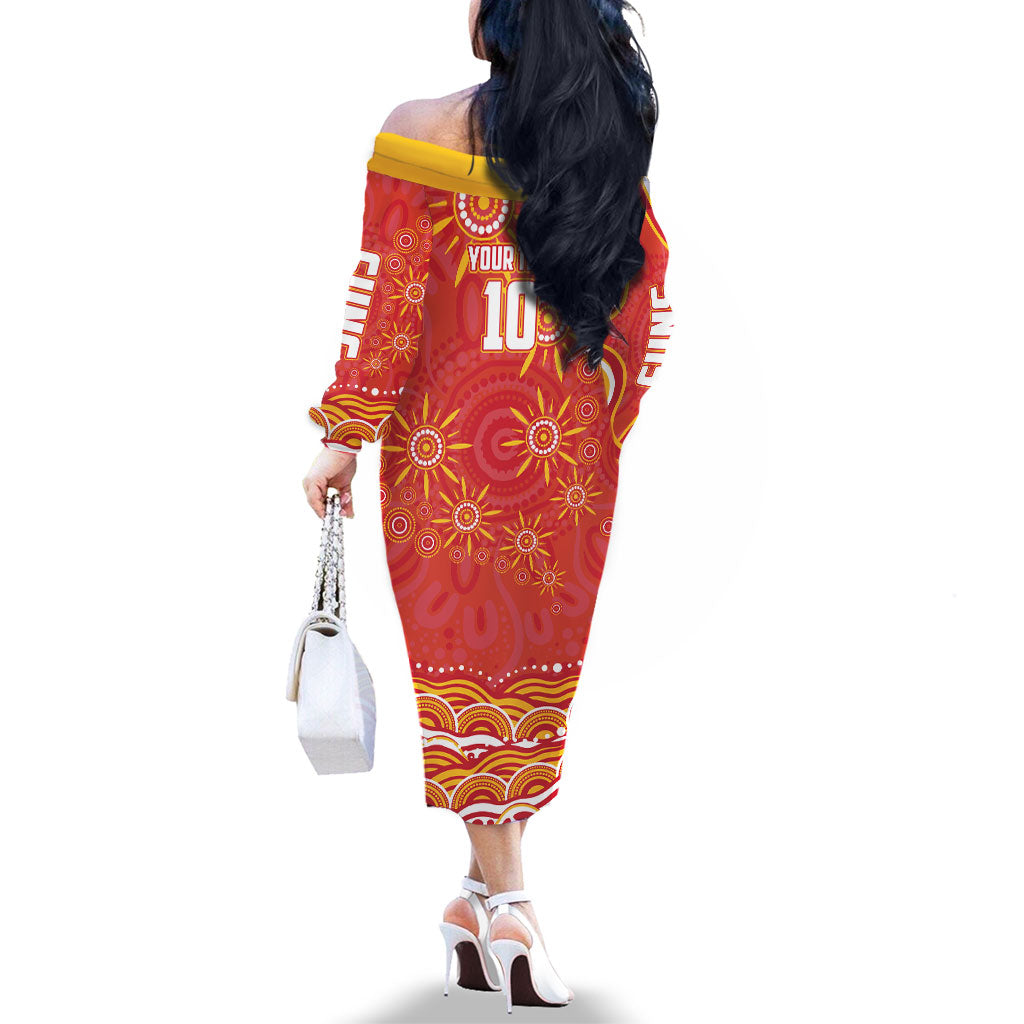 Personalized Gold Coast Suns Mascot Family Matching Off The Shoulder Long Sleeve Dress and Hawaiian Shirt Aboriginal Dot Art - Dreamtime Football Mascot