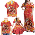 Personalized Gold Coast Suns Mascot Family Matching Off Shoulder Maxi Dress and Hawaiian Shirt Aboriginal Dot Art - Dreamtime Football Mascot