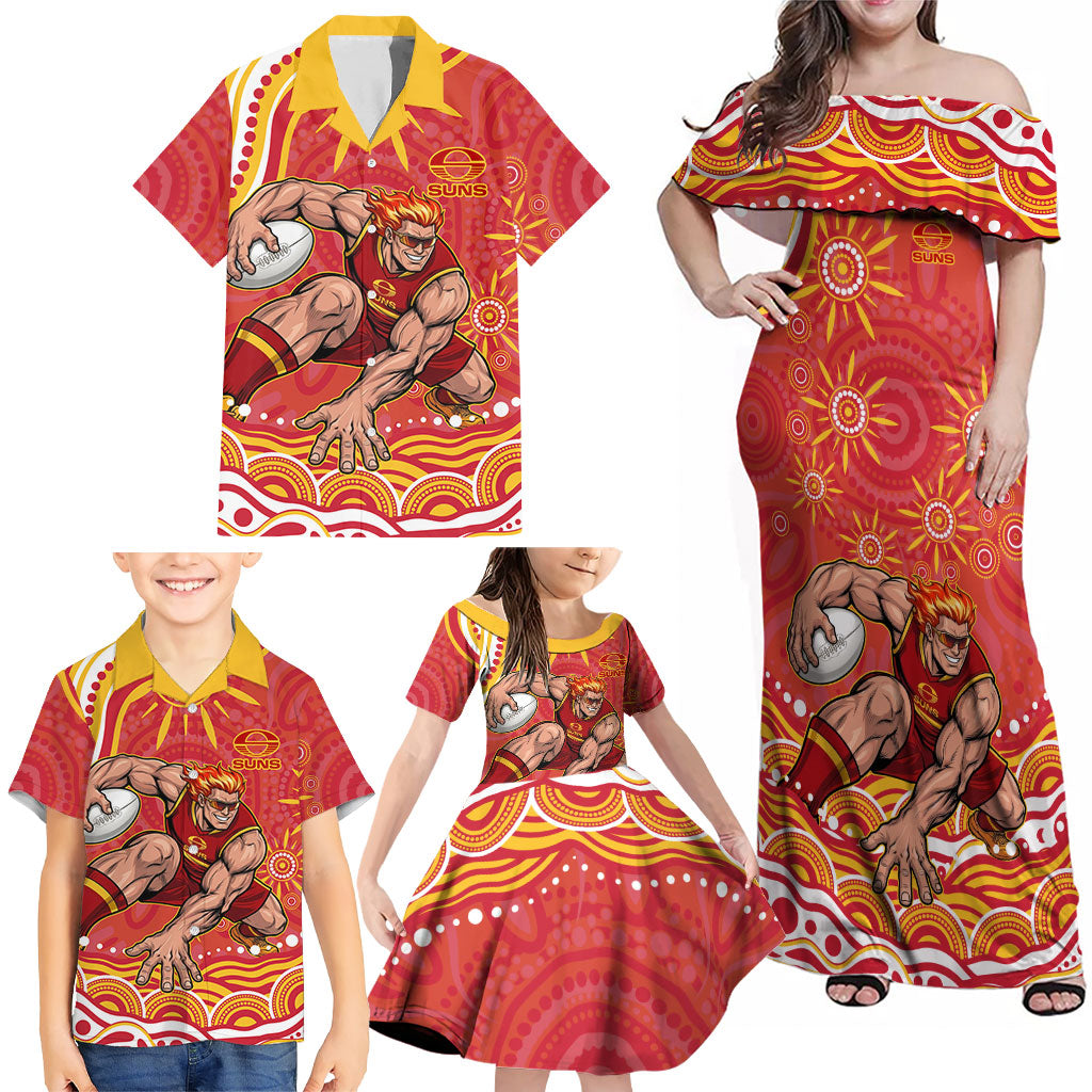 Personalized Gold Coast Suns Mascot Family Matching Off Shoulder Maxi Dress and Hawaiian Shirt Aboriginal Dot Art - Dreamtime Football Mascot