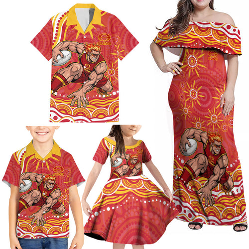 Personalized Gold Coast Suns Mascot Family Matching Off Shoulder Maxi Dress and Hawaiian Shirt Aboriginal Dot Art - Dreamtime Football Mascot
