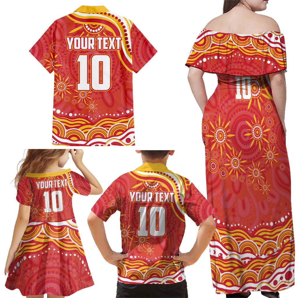 Personalized Gold Coast Suns Mascot Family Matching Off Shoulder Maxi Dress and Hawaiian Shirt Aboriginal Dot Art - Dreamtime Football Mascot