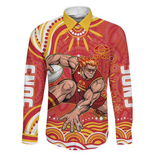 Personalized Gold Coast Suns Mascot Family Matching Off Shoulder Maxi Dress and Hawaiian Shirt Aboriginal Dot Art - Dreamtime Football Mascot