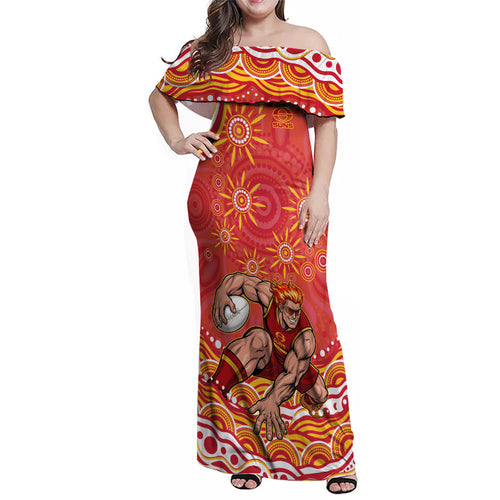Personalized Gold Coast Suns Mascot Family Matching Off Shoulder Maxi Dress and Hawaiian Shirt Aboriginal Dot Art - Dreamtime Football Mascot