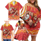 Personalized Gold Coast Suns Mascot Family Matching Off Shoulder Short Dress and Hawaiian Shirt Aboriginal Dot Art - Dreamtime Football Mascot