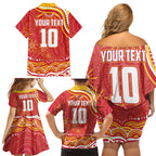 Personalized Gold Coast Suns Mascot Family Matching Off Shoulder Short Dress and Hawaiian Shirt Aboriginal Dot Art - Dreamtime Football Mascot