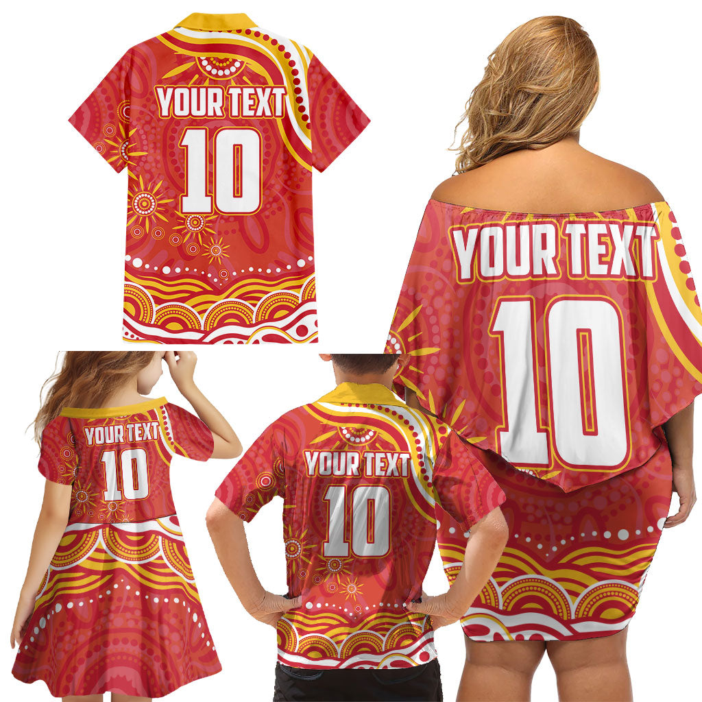 Personalized Gold Coast Suns Mascot Family Matching Off Shoulder Short Dress and Hawaiian Shirt Aboriginal Dot Art - Dreamtime Football Mascot