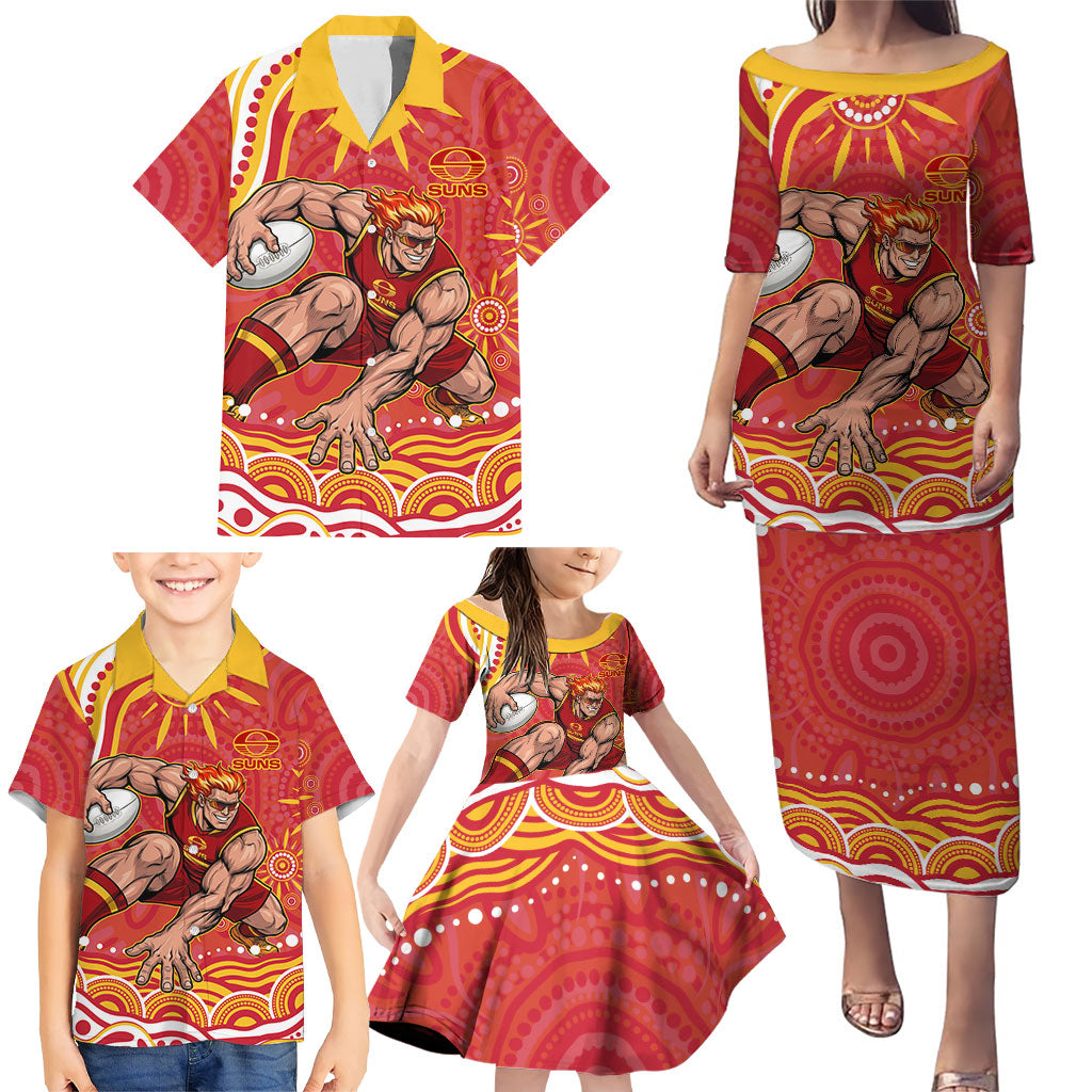 Personalized Gold Coast Suns Mascot Family Matching Puletasi and Hawaiian Shirt Aboriginal Dot Art - Dreamtime Football Mascot