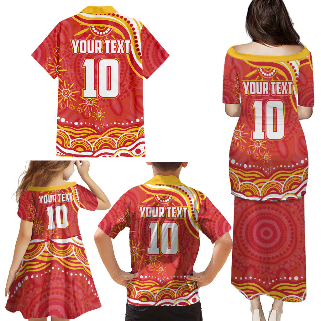 Personalized Gold Coast Suns Mascot Family Matching Puletasi and Hawaiian Shirt Aboriginal Dot Art - Dreamtime Football Mascot