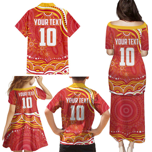Personalized Gold Coast Suns Mascot Family Matching Puletasi and Hawaiian Shirt Aboriginal Dot Art - Dreamtime Football Mascot