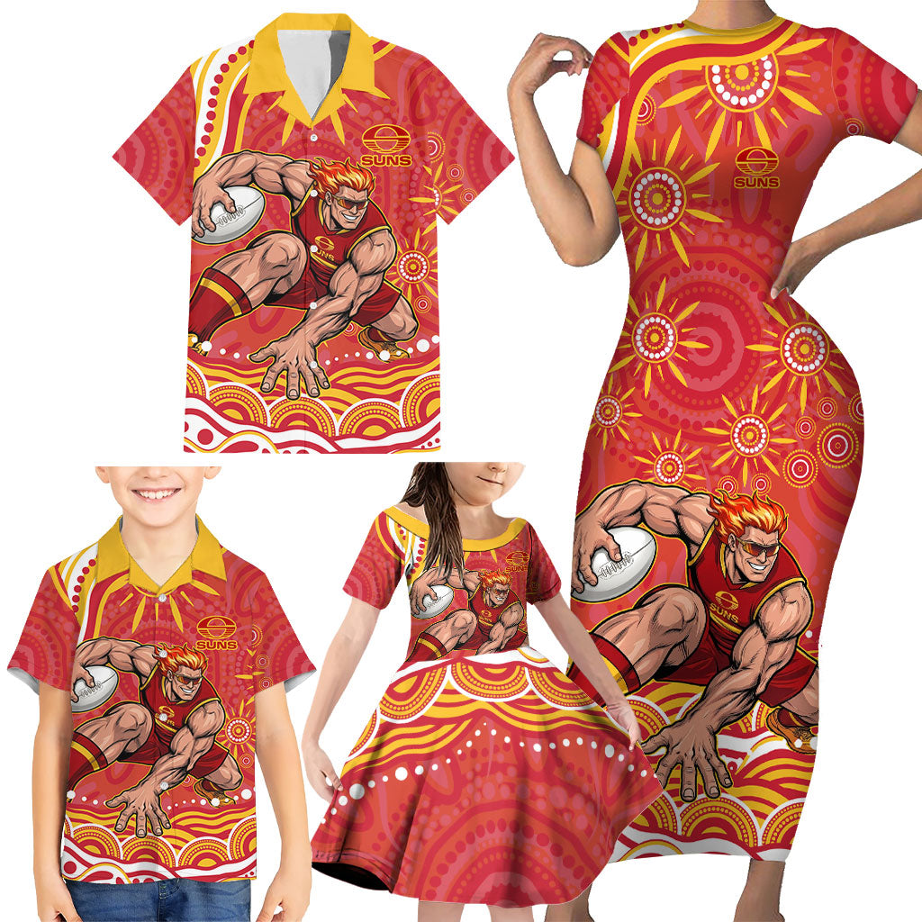 Personalized Gold Coast Suns Mascot Family Matching Short Sleeve Bodycon Dress and Hawaiian Shirt Aboriginal Dot Art - Dreamtime Football Mascot