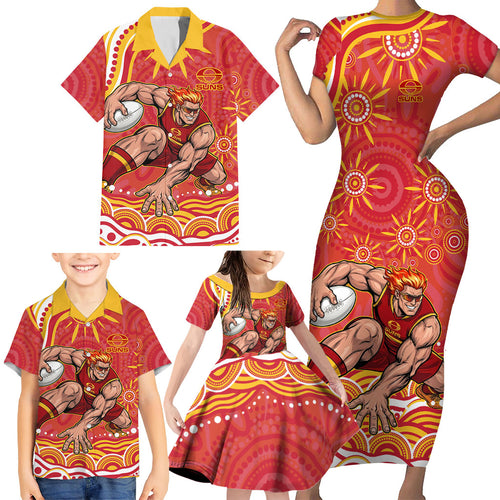 Personalized Gold Coast Suns Mascot Family Matching Short Sleeve Bodycon Dress and Hawaiian Shirt Aboriginal Dot Art - Dreamtime Football Mascot