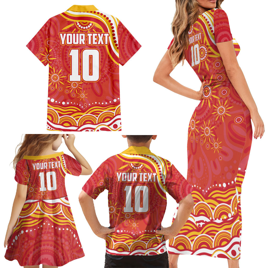 Personalized Gold Coast Suns Mascot Family Matching Short Sleeve Bodycon Dress and Hawaiian Shirt Aboriginal Dot Art - Dreamtime Football Mascot