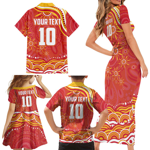 Personalized Gold Coast Suns Mascot Family Matching Short Sleeve Bodycon Dress and Hawaiian Shirt Aboriginal Dot Art - Dreamtime Football Mascot