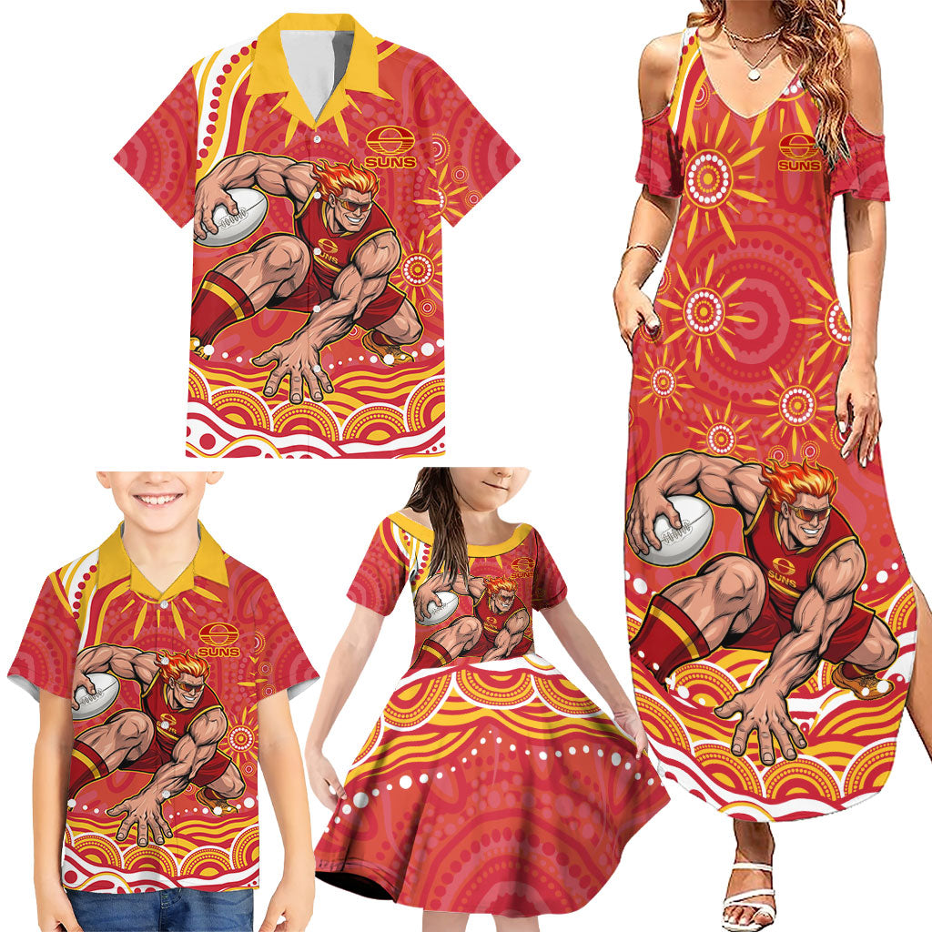 Personalized Gold Coast Suns Mascot Family Matching Summer Maxi Dress and Hawaiian Shirt Aboriginal Dot Art - Dreamtime Football Mascot