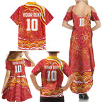 Personalized Gold Coast Suns Mascot Family Matching Summer Maxi Dress and Hawaiian Shirt Aboriginal Dot Art - Dreamtime Football Mascot