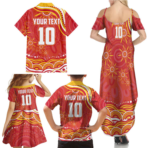 Personalized Gold Coast Suns Mascot Family Matching Summer Maxi Dress and Hawaiian Shirt Aboriginal Dot Art - Dreamtime Football Mascot