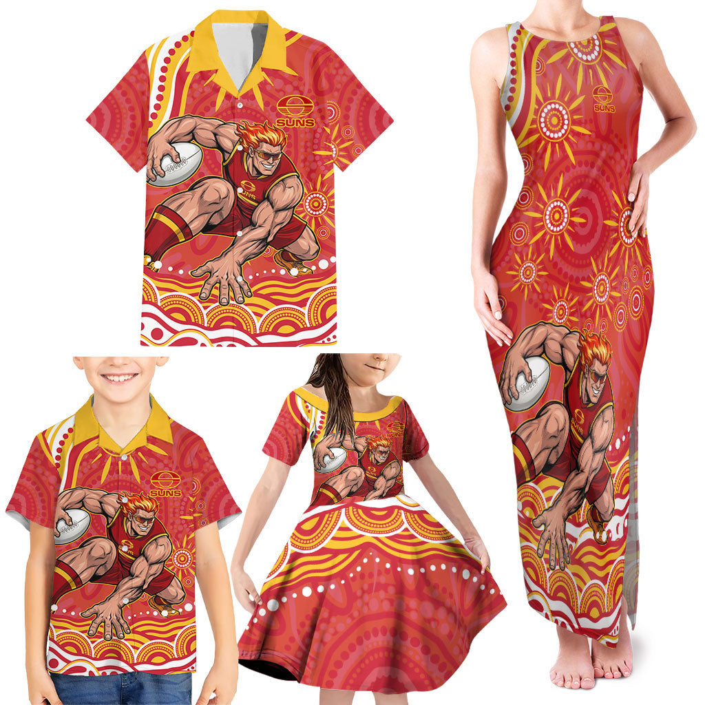 Personalized Gold Coast Suns Mascot Family Matching Tank Maxi Dress and Hawaiian Shirt Aboriginal Dot Art - Dreamtime Football Mascot