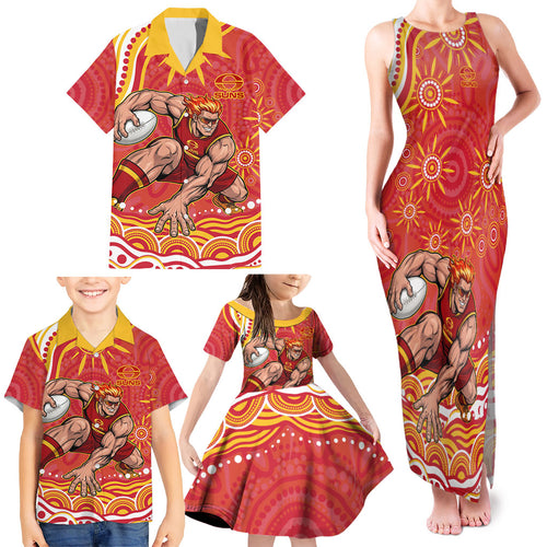 Personalized Gold Coast Suns Mascot Family Matching Tank Maxi Dress and Hawaiian Shirt Aboriginal Dot Art - Dreamtime Football Mascot