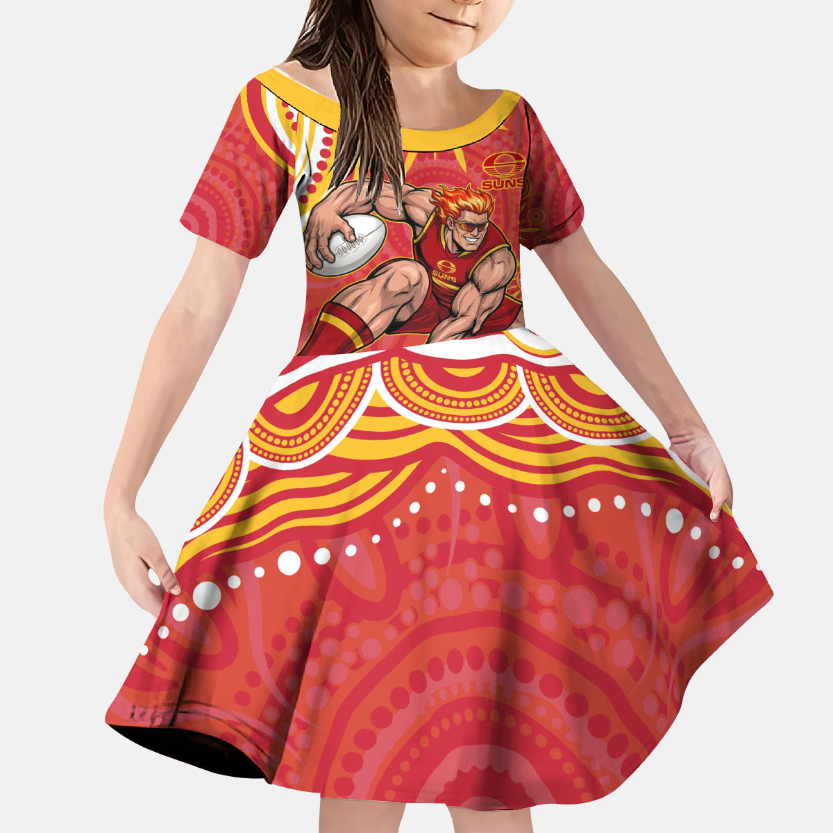 Personalized Gold Coast Suns Mascot Kid Short Sleeve Dress Aboriginal Dot Art - Dreamtime Football Mascot
